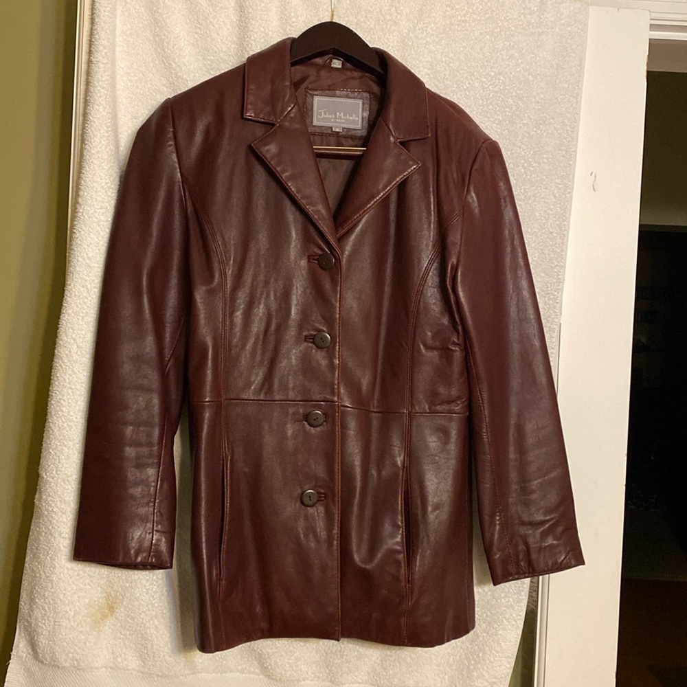 Wine colored single breast leather jacket